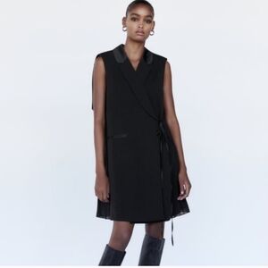 NWT Zara Black Sleeveless Pleated Cape Mini Dress ~sz S